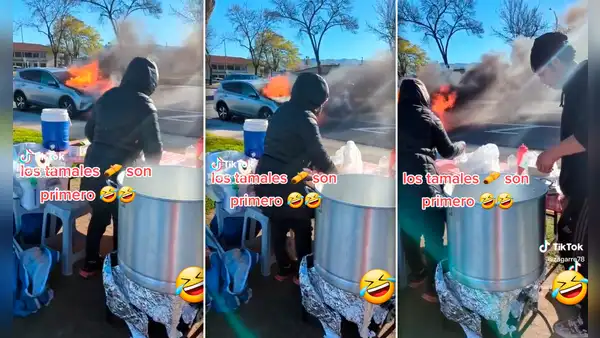 Mujer sorprende al vender tamales frente a un auto que se incendiaba: "Hay prioridades"