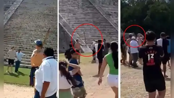 A palazos obligan a turista a bajar de pirámide en Chichen Itzá