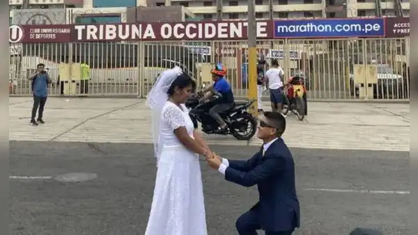 Recién casados realizan sesión de fotos fuera del estadio Monumental y conmueven a hinchas