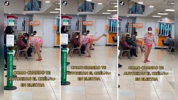 Mujer baila y realiza estiramientos mientras espera que la atiendan en el banco