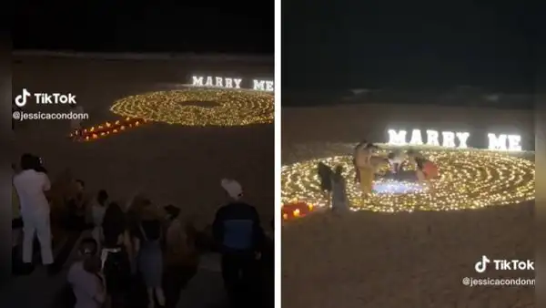 Joven le pide matrimonio a su novia en la playa, pero se le cae el anillo en la arena