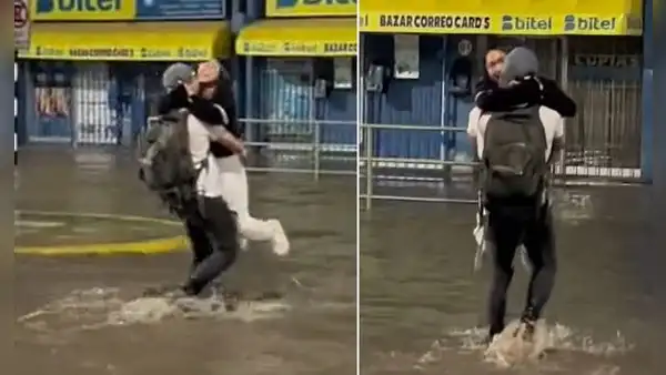 Joven enternece las redes sociales tras cargar a su novia en plena inundación: “Todo un caballero”