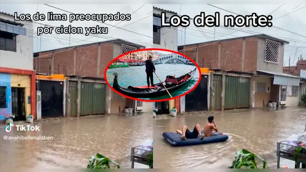 Jóvenes son vistos navegando en colchón inflable por aguas que dejaron las lluvias del ciclón Yaku