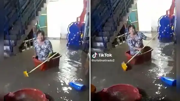 "Reír para no llorar": peruana se mete a una tina y navega en su vivienda inundada