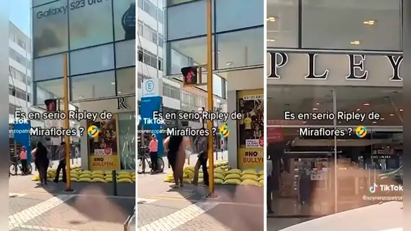 ¿Precavidos? Ripley Miraflores coloca sacos de arena en su puerta para protegerse de la lluvia