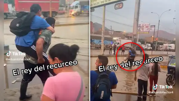 "El rey del recurseo": peruano carga en su espalda a transeúntes en medio de inundaciones