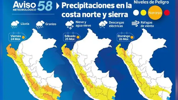 Senamhi advierte intensas precipitaciones acompañadas de descargas eléctricas en costa norte y sierra