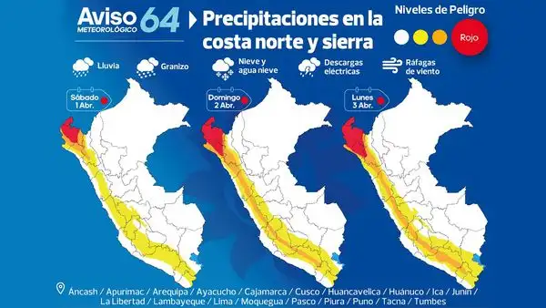 Senamhi advierte de fuertes lluvias acompañadas de descargas eléctricas en la costa norte y sierra