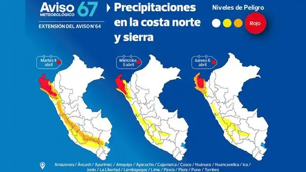 Se reporta lluvias con descargas eléctricas en la costa norte y sierra con umbral rojo de peligro