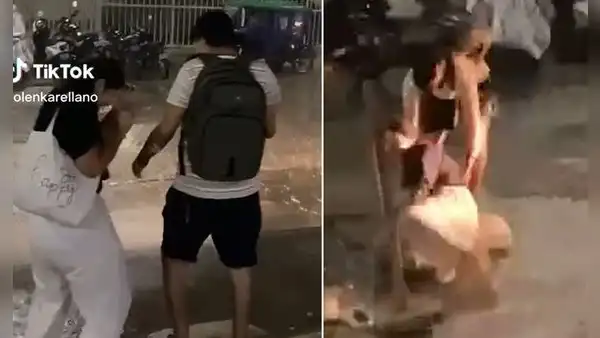 Joven es viral al intentar cruzar calle sin mojarse y terminar empapada: “Inevitable no reírse”