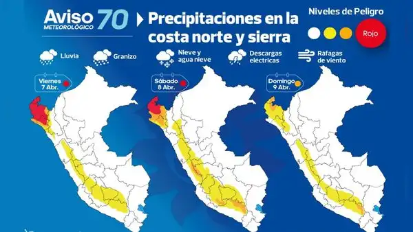 Senamhi alerta lluvias de extrema intensidad con descargas eléctricas en la costa norte y sierra