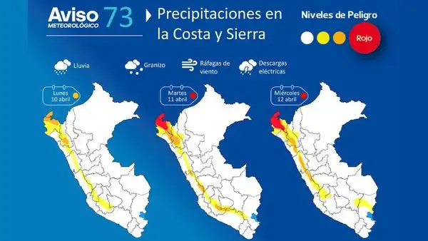 Senamhi alerta fuertes lluvias en la costa norte y granizo y nieve en la sierra desde este lunes 10