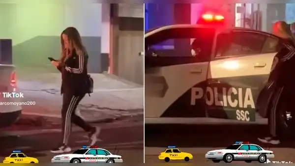 Mujer entra a carro de policía sin darse cuenta: “Todo por usar el celular”