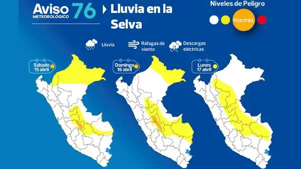 Senamhi advierte de lluvias acompañadas con fuertes ráfagas de viento en la selva