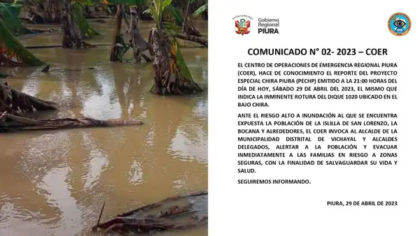 Piura: evacúan distritos de Vichayal y Pueblo Nuevo de Colán ante rotura de dique en Bajo Chira