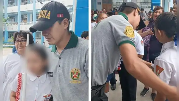 ¡Emotivo! Policía hace de padrino de niña brigadier por ausencia de sus padres en colegio de Ucayali