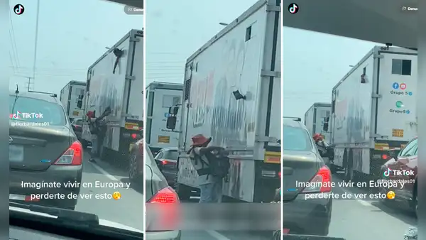 ¡Imagínate vivir en Europa y perderte esto! Utiliza su zapato para que vendedor le alcance refresco a camión del Grupo 5