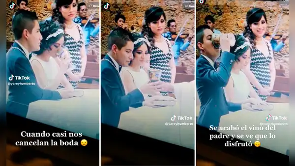 “Una copa para el susto”: novio se bebe todo el vino de sacerdote durante su boda
