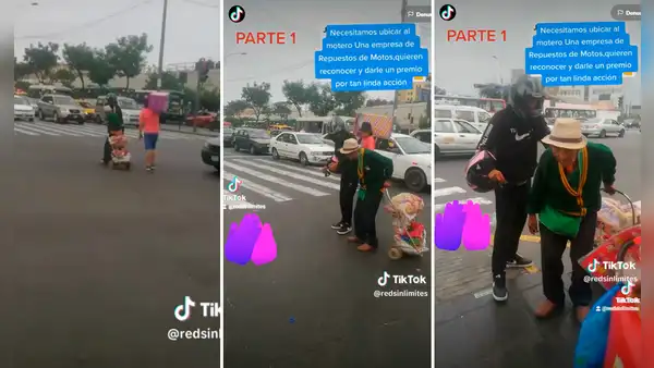 Joven se baja de su moto y detiene el tráfico para que adulto mayor cruce la pista de la av. Abancay