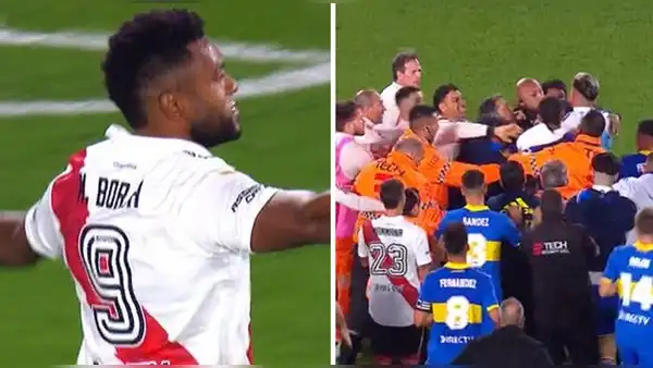 Borja marcó gol al último y se desató batalla campal entre jugadores de Boca y River
