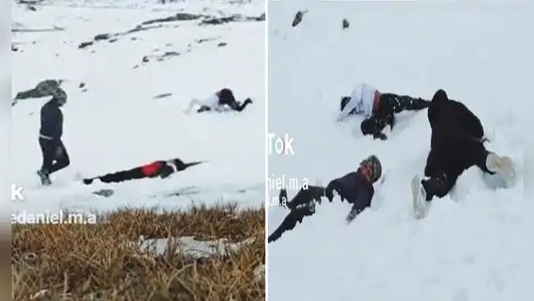 Jóvenes disfrutan de la nieve y hasta hacen figuras de angelitos: “¡Hermoso!”