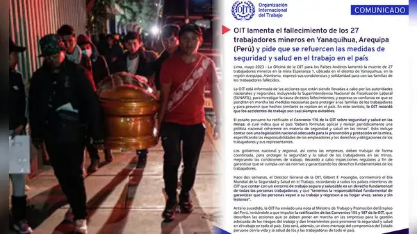 OIT se pronuncia sobre los 27 fallecidos en la mina Yanaquihua