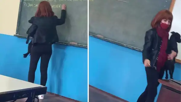 Profesora se hace viral al cargar y consolar a una perrita que había ingresado asustada a su clase
