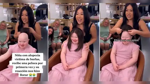 Niña que sufre de alopecia se pone peluca por primera vez y su reacción se vuelve viral: “Me hizo llorar”
