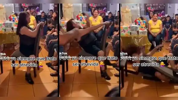 Mujer practica sexy baile en la silla, pero termina en el suelo y se vuelve viral