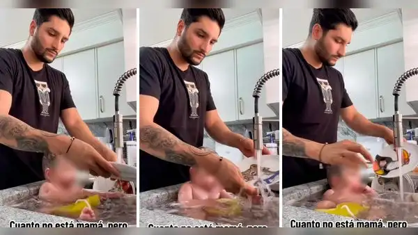 Padre lava los platos mientras baña a su bebé y usuarios quedan en shock: "Ahorro es progreso"