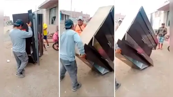 Hombres destrozan cómoda de 6 niveles al intentar trasladarla durante mudanza y VIDEO se hace VIRAL