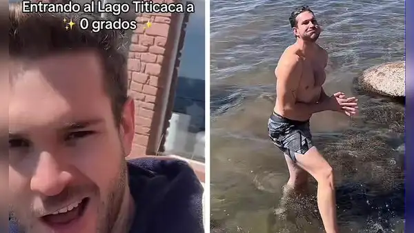 "¡Alalauu!": Eduardo Romay, capitán de la selección de vóley, se baña en el lago Titicaca a 0 °C