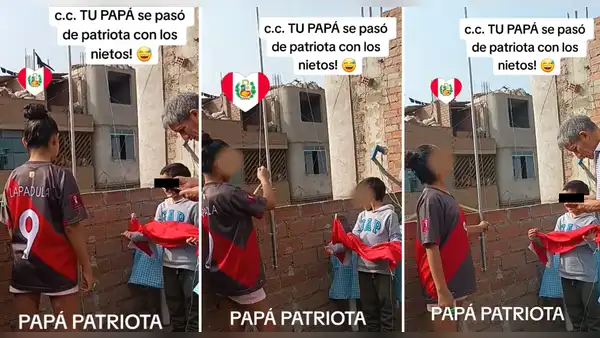 Abuelito enseña a sus nietos a izar la bandera del Perú y usuarios lo felicitan: “Buen ejemplo”