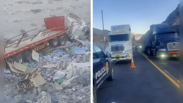 Trailer cae a barranco tras impactar con otros 2 vehículos en el ingreso de Arequipa