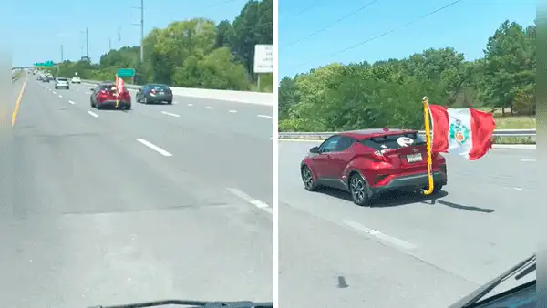 Captan un auto en carretera de EE. UU. con bandera peruana: “Lleva al Perú en el corazón”
