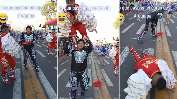 “Salió bien el ensayo”: caporal se cae de los hombros de su compañero en el corso de Arequipa