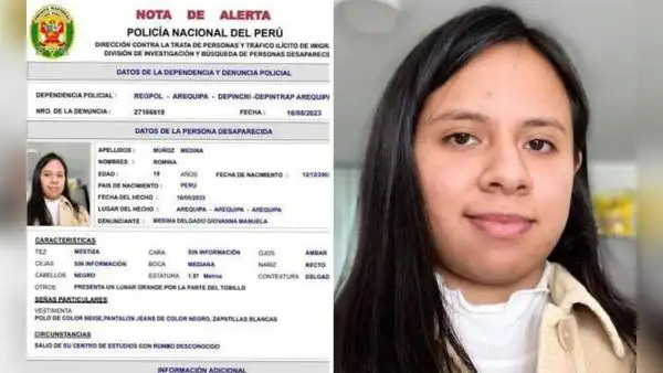 Apareció Romina Muñoz, joven universitaria reportada como desaparecida hace 5 días en Arequipa