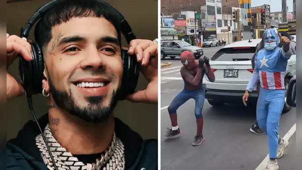 Anuel AA impresionado con show de artistas disfrazados de Avengers bailando en calles de Perú