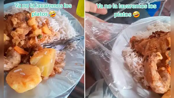 Joven sirve la comida en platos forrados con bolsas para no lavarlos ante corte de AGUA