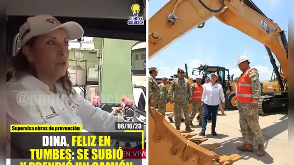 Boluarte subió a camión en Tumbes para supervisar obra y genera controversia: "Solo para la foto"