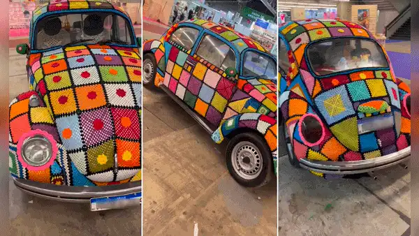 Mujer deja en shock a usuarios al tejer a crochet colorido forro para un Volkswagen: “Es una obra de arte”