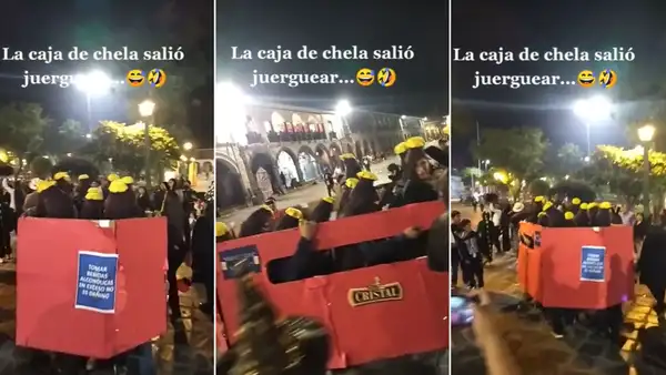 Jóvenes la rompen con disfraz de caja de chelas en Ayacucho y se viralizan en redes: “¡Hagámoslo!”