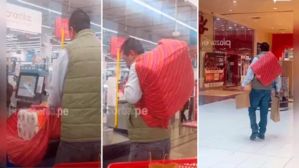Hombre va a supermercado de CUSCO y lleva sus compras en una queperina para evitar usar bolsa plástica