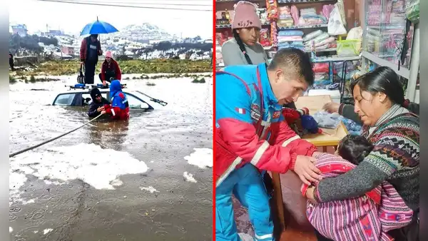Rescatan a bebé y su familia de vehículo atrapado en inundación por lluvias en Cerro de Pasco