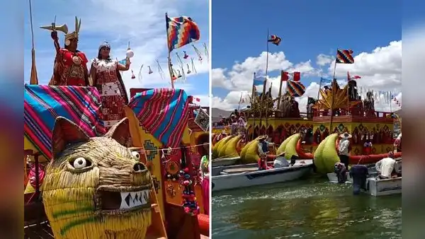 Recrean salida de fundadores del imperio incaico Manco Cápac y Mama Ocllo del lago Titicaca