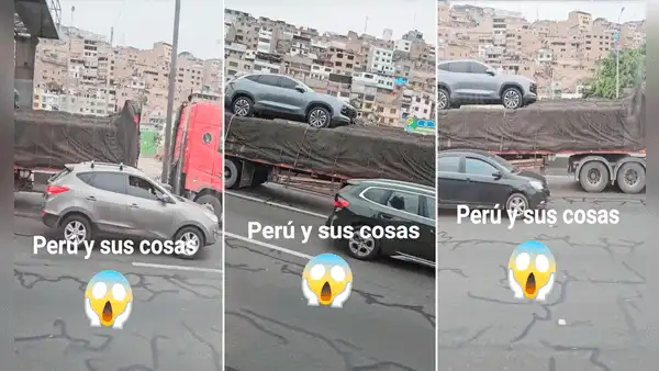 Conductores quedan en shock al ver troncos y vehículo en la tolva de un camión