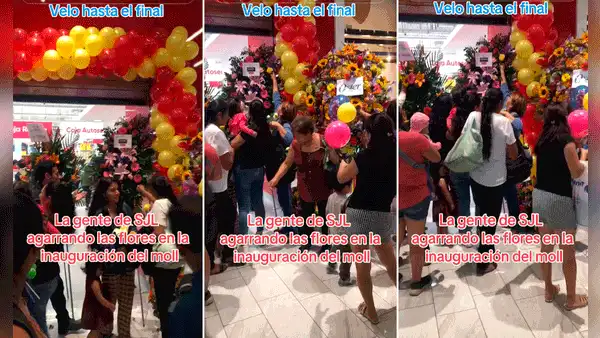 Captan a clientes arrancando flores de arreglos en plena inauguración del Mall Aventura de SJL