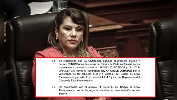 Congreso: Recomiendan solo amonestación para Digna Calle por prolongada ausencia física