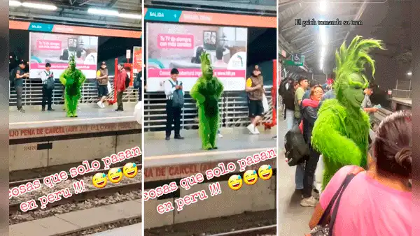 Pasajeros del Metro de Lima se sorprenden al ver al 'Grinch': “Iba a Villaquién y terminó en VMT”