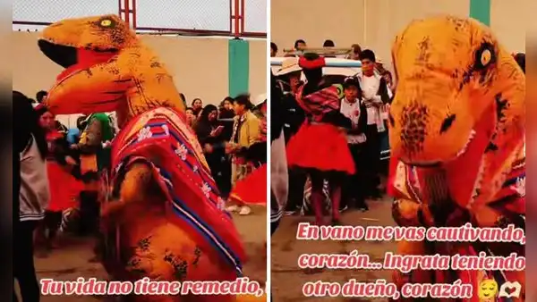 Dinosaurio causa sensación en Puno al vestirse de sikuri en pasacalle: "Su poncho le da el toque"